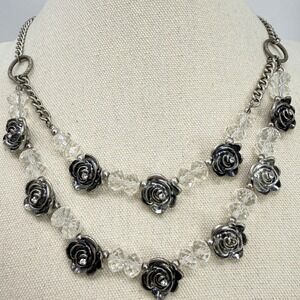 Double Strand Rose Flower Necklace Clear Crystal Beaded Floral Gothic